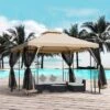 Outsunny 10' X 10’ Steel Outdoor Patio Gazebo Canopy With Privacy Mesh Curtains, Weather-Resistant Roof, & Storage Trays