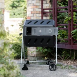 FCMP Outdoor IM4000-WK 37 Gallon Plastic Dual Chamber Tumbling Composter Outdoor Elevated Rotating Garden Compost Bin With Wheels, Black/Black -Sunnydaze Decor Store GUEST df9d2c1b 0502 44c8 b471 37bb7cb0d20c