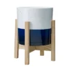 8" Henrietta Planter In White & Blue Two Tone Finish W/ Wood Stand - Southern Patio