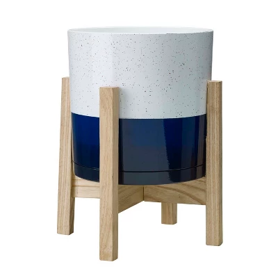 8" Henrietta Planter In White & Blue Two Tone Finish W/ Wood Stand - Southern Patio 1 8" Henrietta Planter In White & Blue Two Tone Finish W/ Wood Stand - Southern Patio