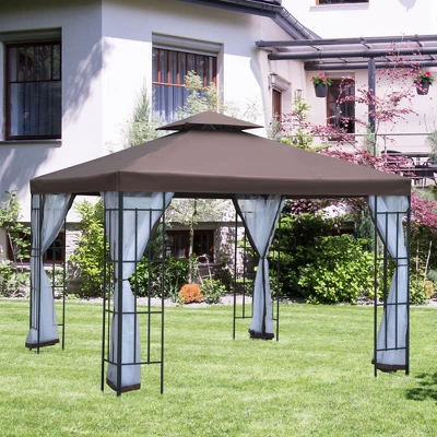Outsunny 10'x10' Outdoor Gazebo, Double Tiered Canopy Tent With Mosquito Netting, And Steel Frame For Patio, Backyards And Parties, Coffee 1 Outsunny 10'x10' Outdoor Gazebo, Double Tiered Canopy Tent With Mosquito Netting, And Steel Frame For Patio, Backyards And Parties, Coffee
