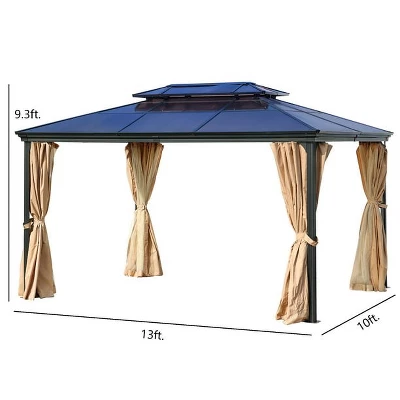 Aoodor 10'x 13 In Gazebo Polycarbonate Hardtop Roof, Aluminum Frame With Mosquito And Curtain, Blue 7 Aoodor 10'x 13 In Gazebo Polycarbonate Hardtop Roof, Aluminum Frame With Mosquito And Curtain, Blue - Image 7