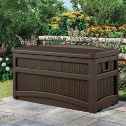 Suncast 73 Gallon Deck Box W/ Seat & Trash Hideaway Outdoor Garbage Bin, Java -Sunnydaze Decor Store GUEST e816fb33 4b0f 45a1 a831 8dfa0e8f7896