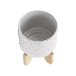 Sagebrook Home 6" Wide Ceramic Diamond Etched Flower Planter Pot With Wooden Stand Beige -Sunnydaze Decor Store GUEST f2736481 c88a 46ea 9cf3 3f058f22f640