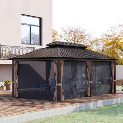 Outsunny Patio Gazebo 12' X 20', Netting & Curtains, 2 Tier Double Vented Steel Roof, Hardtop, Ceiling Hooks, Rust Proof Aluminum, Brown 1 Outsunny Patio Gazebo 12' X 20', Netting & Curtains, 2 Tier Double Vented Steel Roof, Hardtop, Ceiling Hooks, Rust Proof Aluminum, Brown