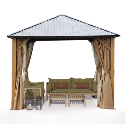 Aoodor Wood Grain Aluminum Gazebo Hardtop Black Steel Roof With Curtain&Netting 7 Aoodor Wood Grain Aluminum Gazebo Hardtop Black Steel Roof With Curtain&Netting - Image 7