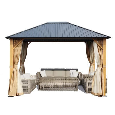 Aoodor Wood Grain Aluminum Gazebo Hardtop Black Steel Roof With Curtain&Netting 8 Aoodor Wood Grain Aluminum Gazebo Hardtop Black Steel Roof With Curtain&Netting - Image 8