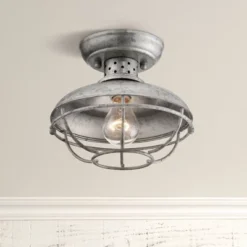 Franklin Iron Works Rustic Farmhouse Semi Flush Mount Outdoor Ceiling Light Fixture Galvanized Cage 8 1/2" White Glass Damp Rated For Exterior Barn