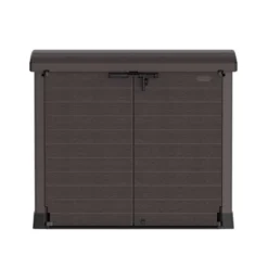 Duramax CedarGrain StoreAway 1200 Liter Capacity Outdoor Deck & Garden Storage Box W/ Panel Doors & Arc Lid For Patios, Pool Areas, & Driveways, Brown