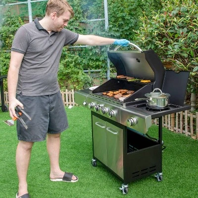 Captiva Designs E02GR001 Stainless Steel 4-Burner Propane Gas Grill With Side Burner And Side Tables 1 Captiva Designs E02GR001 Stainless Steel 4-Burner Propane Gas Grill With Side Burner And Side Tables