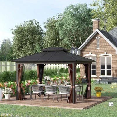 Outsunny Outdoor Hardtop Gazebo Galvanized Steel Canopy With Aluminum Frame Double Vented Roof Pergola With Netting And Curtains For Patios, Gardens, Lawns, Dark Brown 2 Outsunny Outdoor Hardtop Gazebo Galvanized Steel Canopy With Aluminum Frame Double Vented Roof Pergola With Netting And Curtains For Patios, Gardens, Lawns, Dark Brown - Image 2